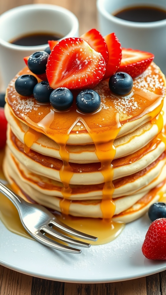 Fluffy buttermilk pancakes stacked high, topped with maple syrup and fresh berries.